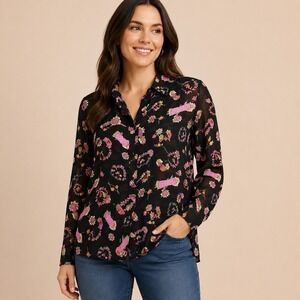 Impressions Floral Novelty Print Shirt Women's Medium Whimsical Cottagecore Chic
